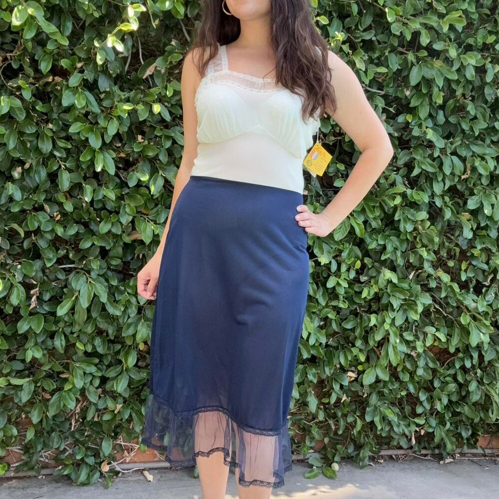 Deadstock NWT 1950s Full Slip Dress Navy Skirt Luxite by Holeproof 34 - Picture 3 of 7
